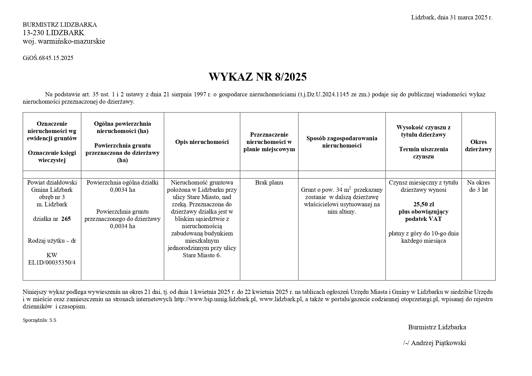 Wykaz Nr 8/2025 - Nieruchomość gruntowa do dzierżawy - obr. 3 m. Lidzbark dz. nr 265